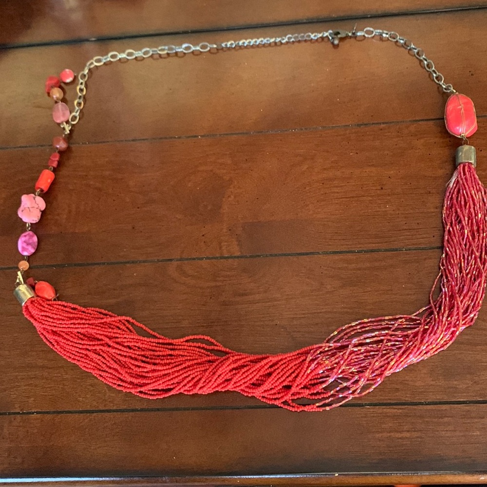 Long multi-strand coral & pink beaded necklace